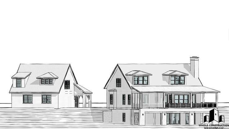 Rear elevation of a multi-level lake house with expansive windows, dormers, and large covered decks overlooking the water drafted by Whole Construction Solutions LLC.
